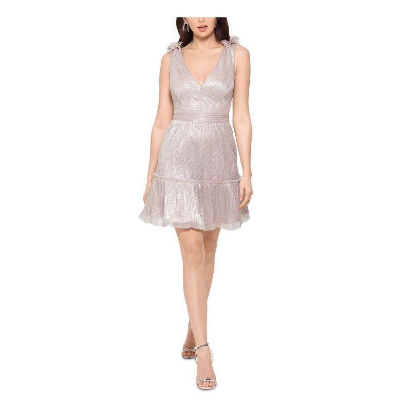 Xscape Womens V-Back Hemline Flounce Sleeveless Short Party Fit + Flare Dress